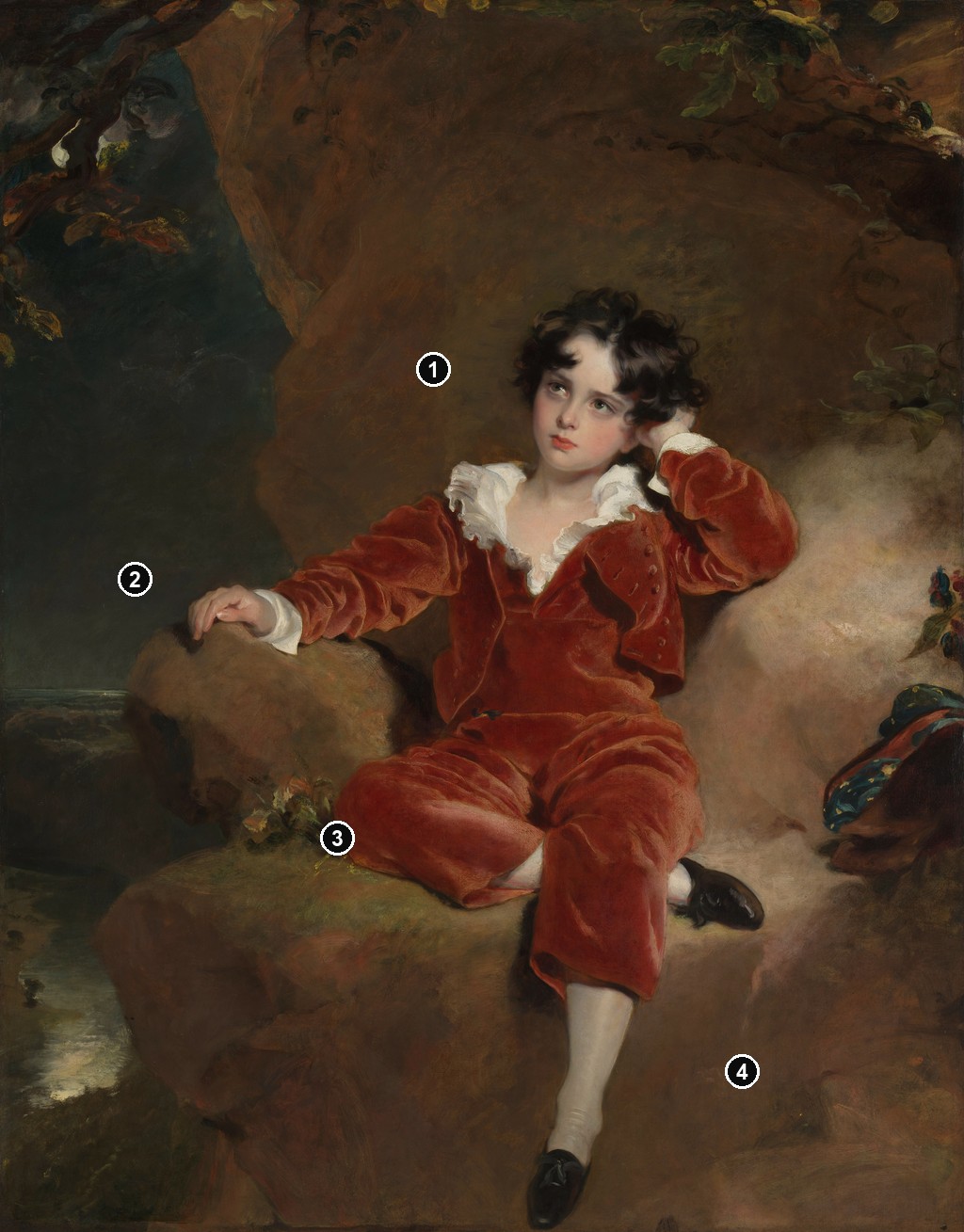Annotated details from The Red Boy by Thomas Lawrence